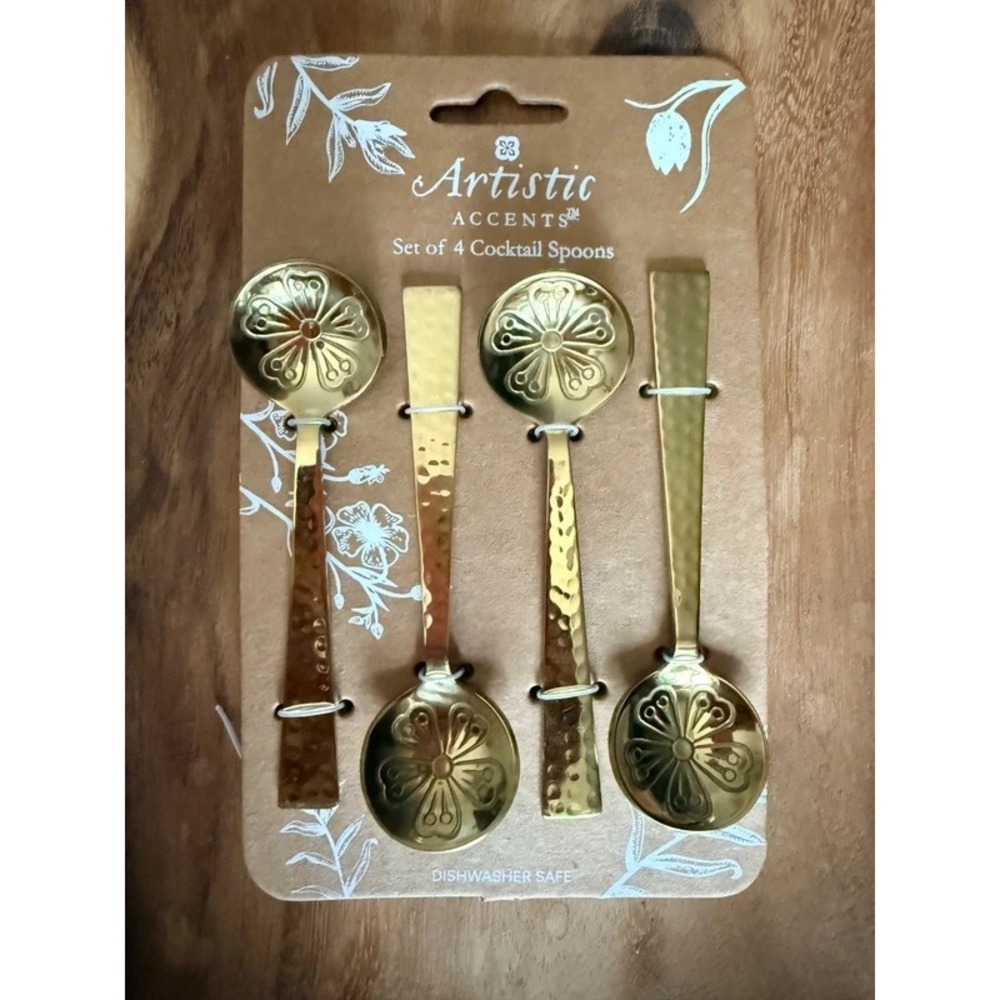 Artistic Accents Gold Cocktail Spoons Set of 4 Floral Hammered Metal Barware NWT